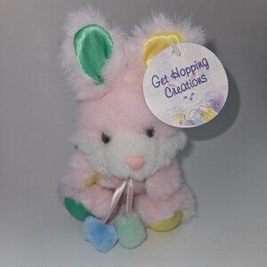 Pink Bunny Rabbit Plush Yellow Green Satin Pom Stuffed Animal Toy Easter w/TAG